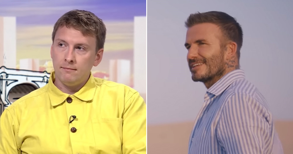 A split image with a photo of Joe Lycett on the left and a photo of David Beckham on the right.