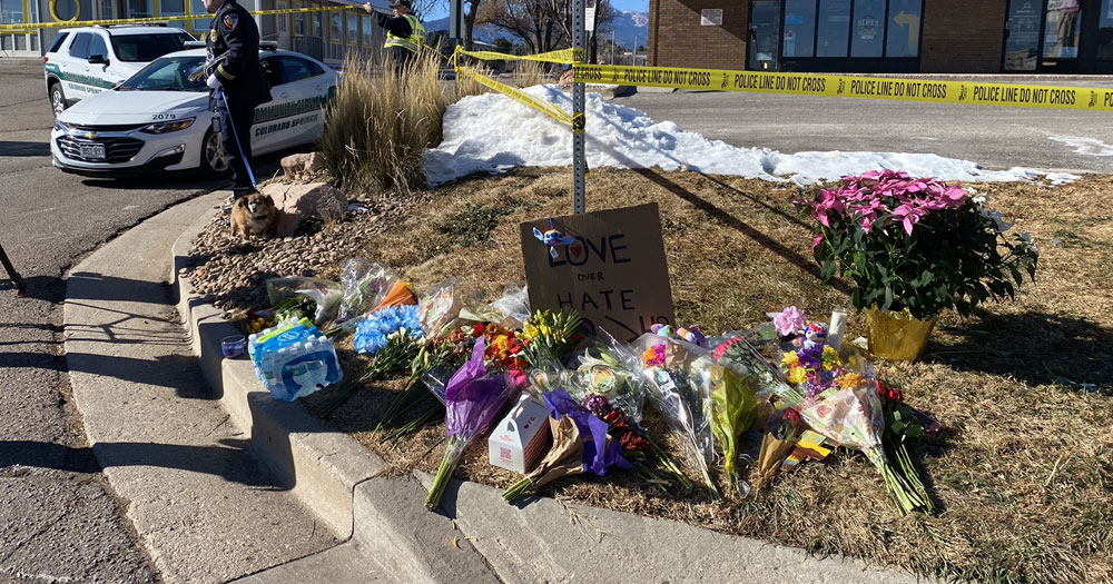 Flowers outside the Colorado Springs LGBTQ+ nightclub, where a shoooting against patrons took place last week.