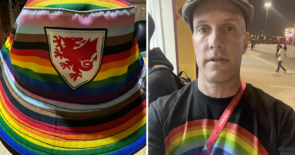 Left: A Welsh rainbow bucket hat, Right: Selfie of Grant Wahl