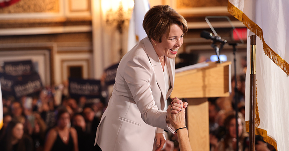 Maura Healey celebrating her election as Governor of Massachusetts.