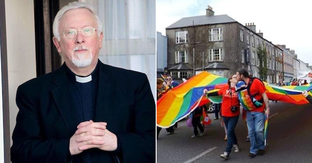 This article is about a protest in Listowel. In the image, a split screen of Fr Seehey and an image from Kerry Pride with people carrying a big Pride flag.