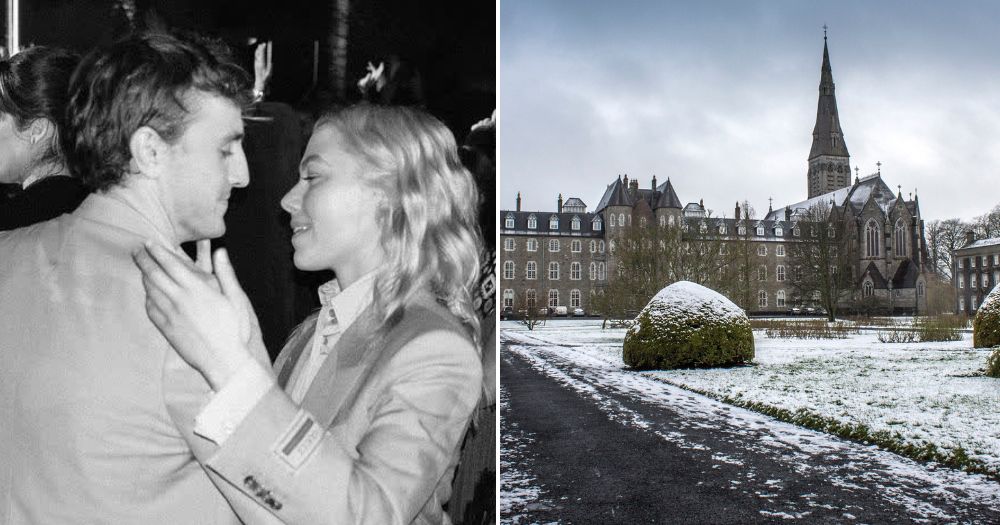 Phoebe Bridgers is seen snuggling up to her boyfriend, Paul Mescal, on the left as she reminisces about her Christmas in Maynooth, pictured on a snowy day on the right.