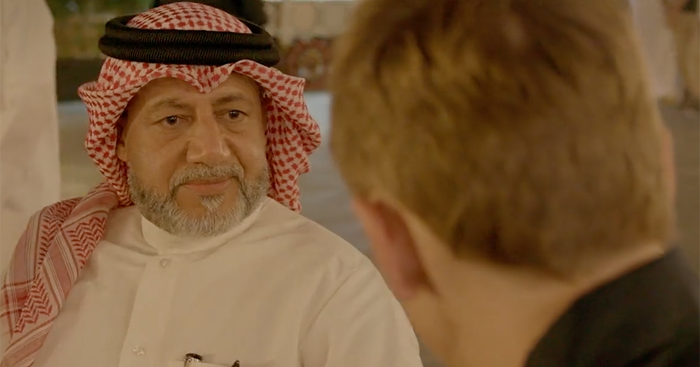 Qatar World Cup ambassador Khalid Salman talking with a journalist.