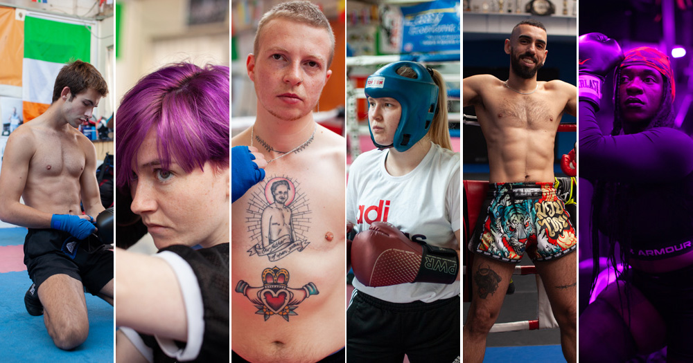 Split image of the queer fighters from left to right: Tiarnan Mc Cabe, Emily Bradley, Matt Kennedy, Osaro Yemi Azamosa, Diogo Gomes and Louise Mc Donnell