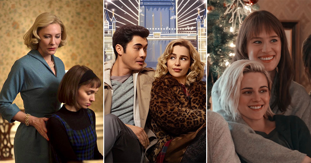 A split screen image of Carol, Last Christmas and Happiest Season. These are some of the LGBTQ+ Christmas movies featured in this piece