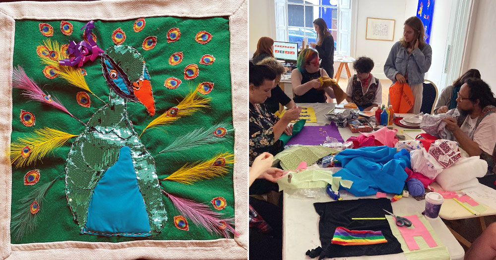 Split screen of an AIDS memorial quilt with a peacock on a green background and a photo of people at a workshop to make patches.