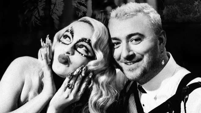 Sam Smith and Kim Petras pose with happy smiles as they are two LGBTQ+ artists nominated for the 2023 Grammys.