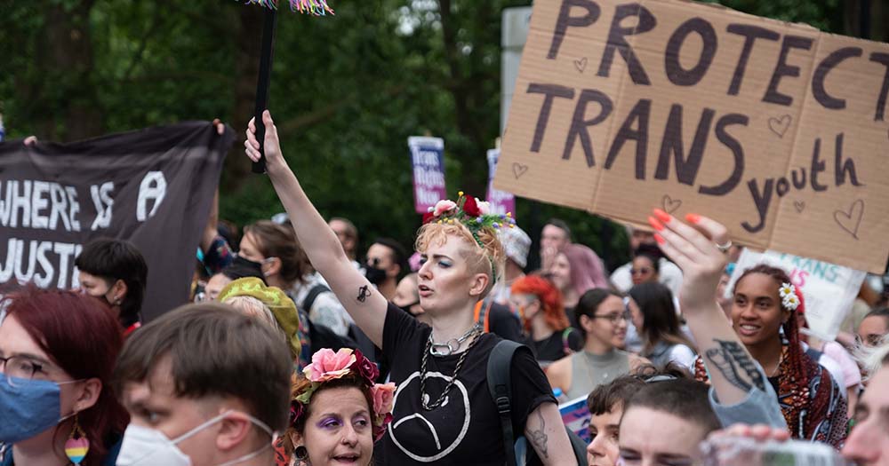 Group of protestors hold Protect Trans Youth sign and this week is transgender awareness week.