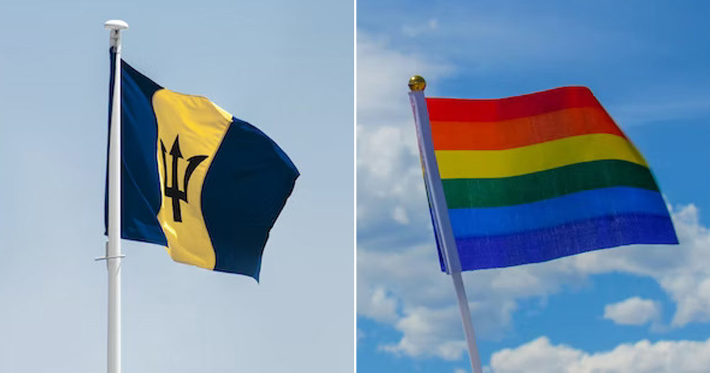 A photo of the Barbados flag on the left and a photo of the rainbow flag on the right.
