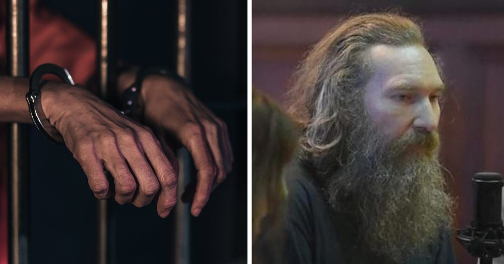 Mark Latunski, the Grindr cannibal, is pictured on the left in court as he hears his sentencing to life in prison for killing young man Kevin Bacon back in 2019. The photo on the left is an image of a person sticking their arms through a prison gate with handcuffs on their wrists.