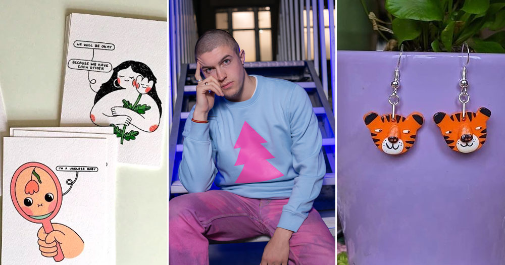 Split screen of Christmas gifts to get last minute: funny prints (left), a a blue Christmas jumper with a pink triangles tree (centre) and a pair of earrings with tigers (right).