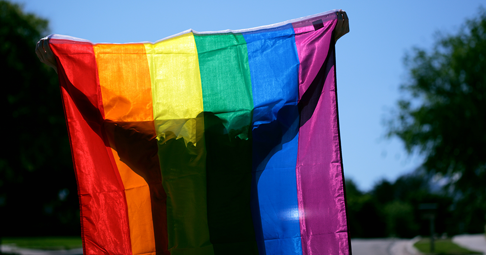 A person holding an LGBTQ+ rainbow flag.