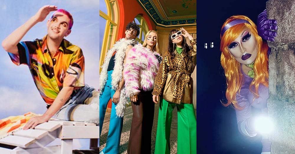 Three slides of queer music artist in brightly coloured outfits representing the fabulous new tunes to add to your wintertime playlist!