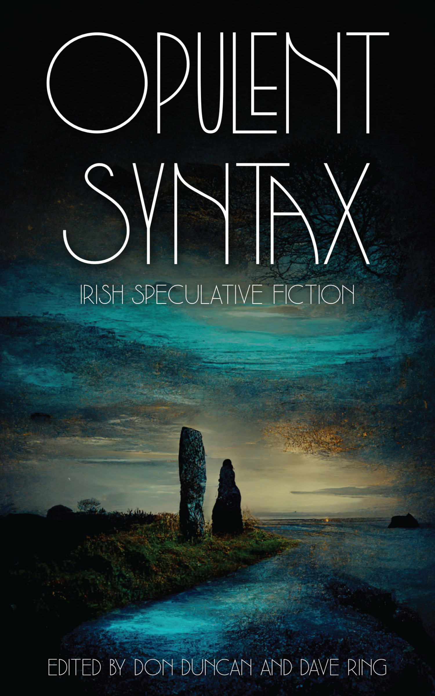 Speculative Fiction novel Opulent Syntax is a collection of a variety of stories and poems by queer and non-queer authors and poets. The cover illustrates a moody yet beautiful Iirish landscape with strong colours of blue and grey.