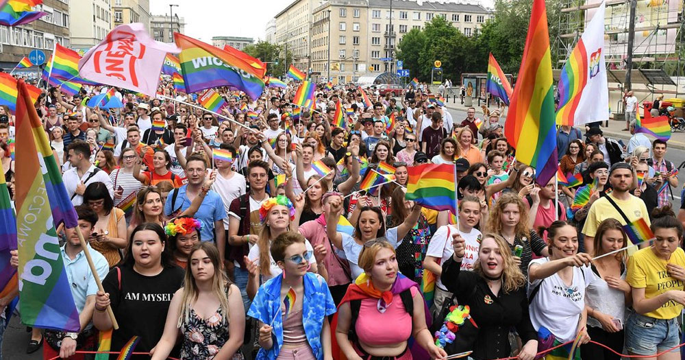 Pride march in Poland, which is set to veto plans to recognise the rights of same-sex parents across EU borders.