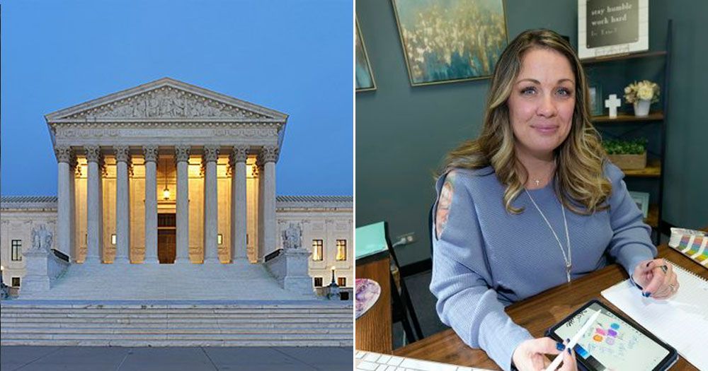 US Supreme Court Building and Lorie Smith opposer to LGBTQ+ marriage side by side