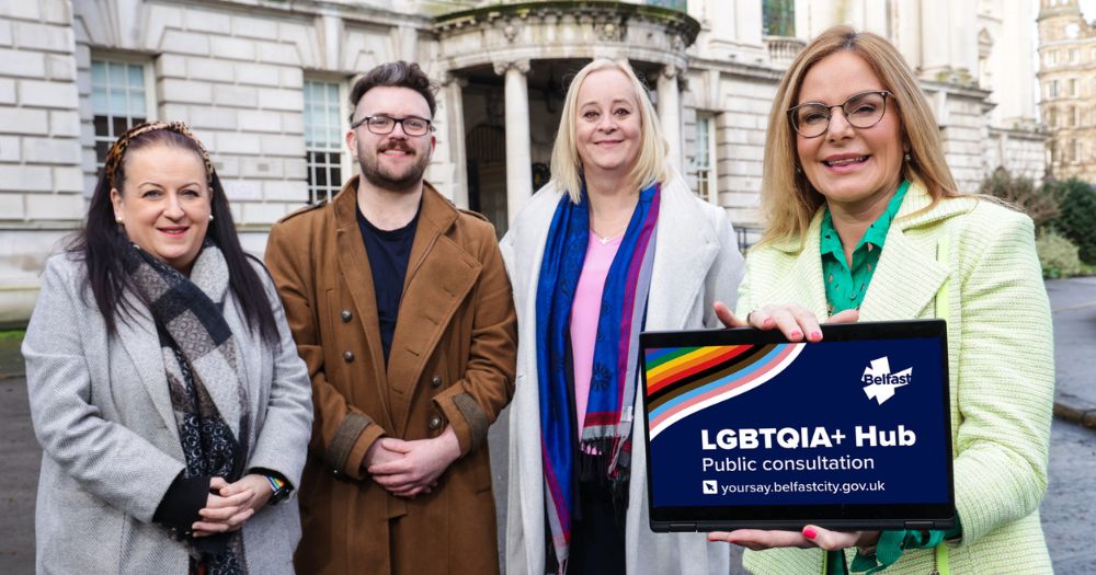 Councillor de Faoite, Lord Mayor Christina Black, Councillor Mal O'Hara and Councillor Anthony Flynn during the launch of the public consultation for the proposed LGBTQ+ hub in Belfast
