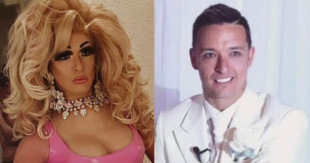 A side-by-side image of Darren Moore as a drag queen and wearing a white suit a man in Cardiff has been arrested in connection with his death.