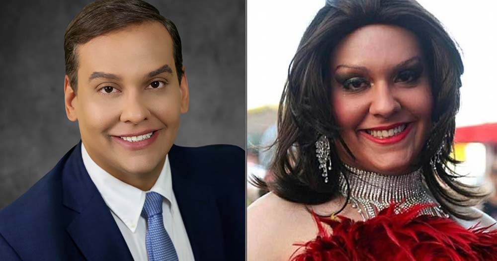Side by side image of George Santos wearing suit and tie and red dress and wig, the openly gay New York Republican denies competing in drag.