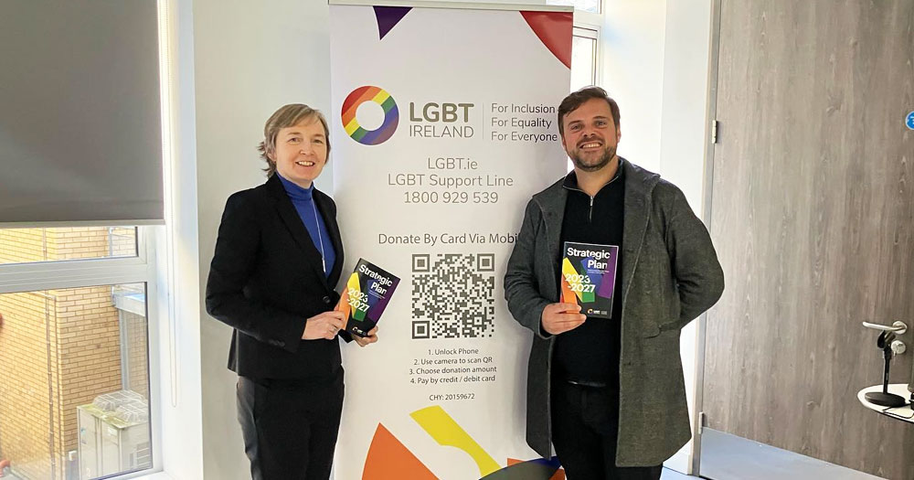 Councillor Alan Edge, who created a fundraiser in response to Enoch Burke's actions, and LGBT Ireland CEO Paula Fagan at the launch event of LGBT Ireland's Strategic Plan.
