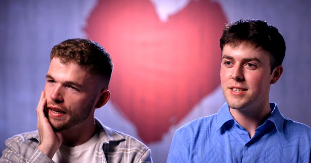 A photo of Cork daters Sean and Joe explaining ‘gay legs’ in new episode.