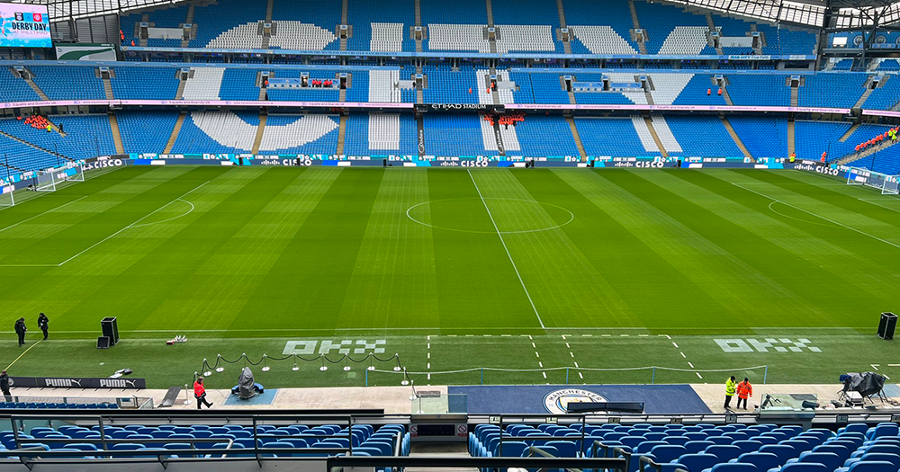 Empty stands at the Etihad Stadium where homophobic chanting was reported.