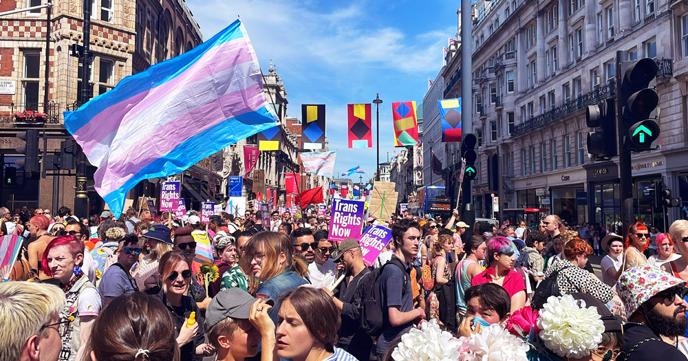 This article is about a gender recognition bill passed in Scotland and blocked by the UK government. In the photo, a Trans Pride march in London, with people waving trans flags and carrying signs reading "Trans rights now".
