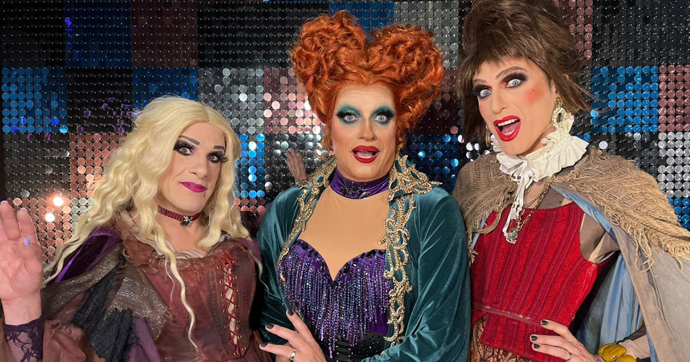 Drag queens Veda, Shirley Temple Bar and Panti on Dancing with the Stars, dressed for their performance as the Hocus Pocus witches.