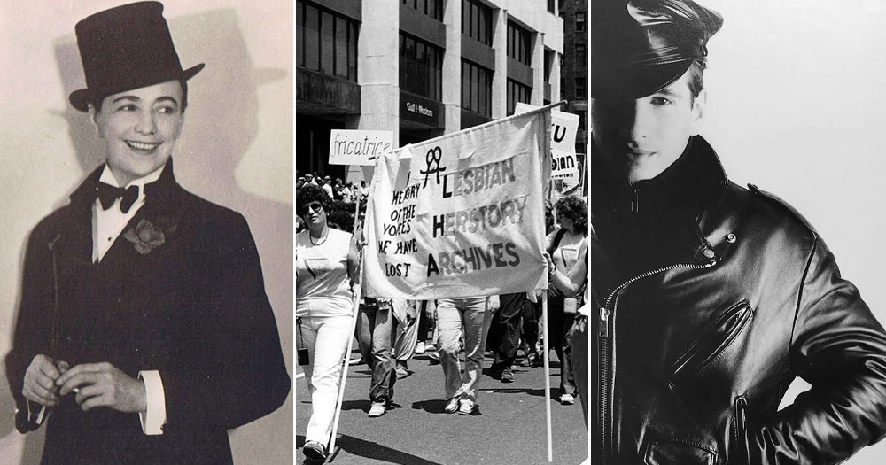 Split screen of images documenting LGBTQ+ history on Instagram. A woman wearing a suit and a top hat (left), a march for LGBTQ+ rights (centre), a man wearing leather clothes (right).