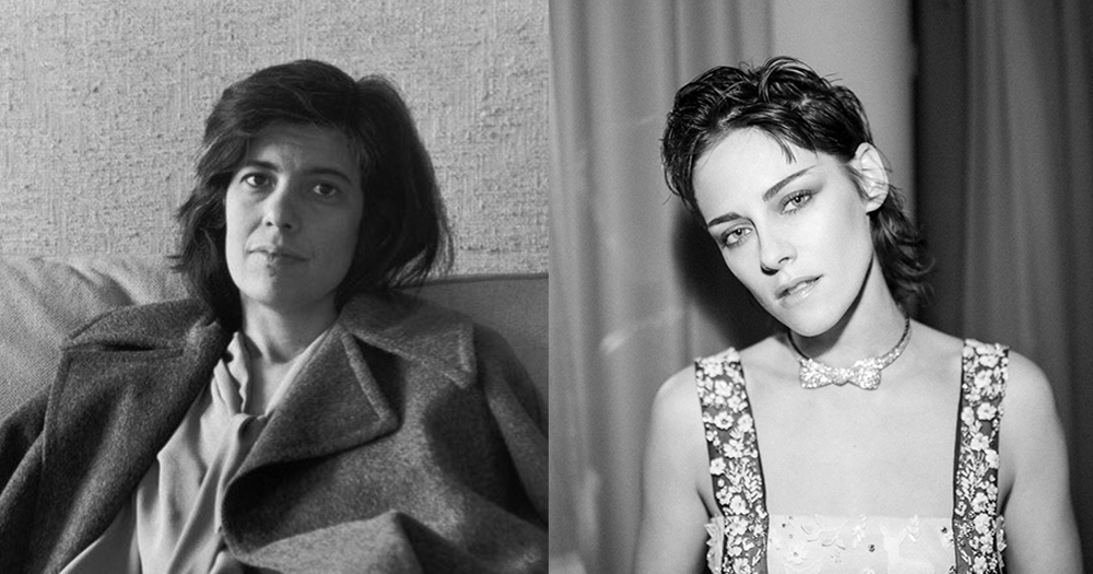 Side by side black and white portraits of Susan Sontag and Kristen Stewart