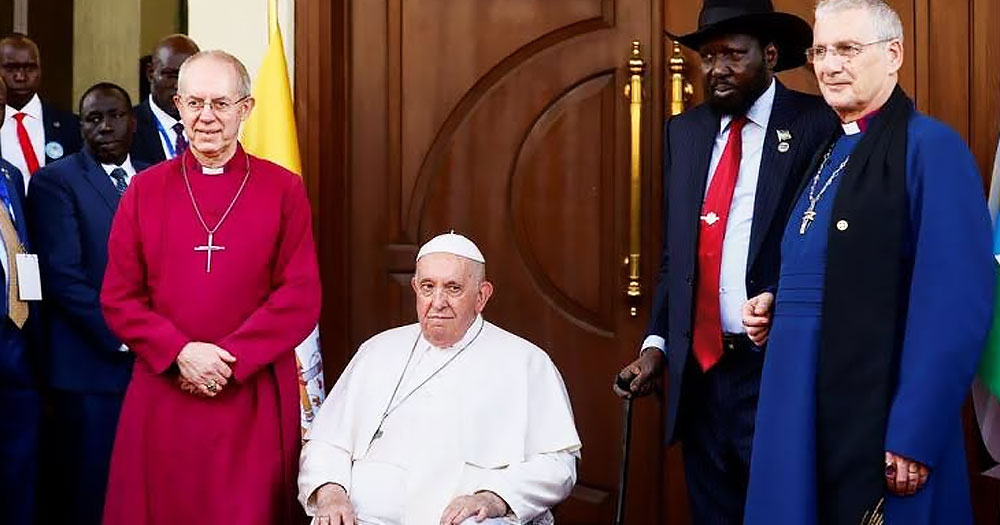 Pope Francis and other religious leaders, who recently condemned laws criminalising LGBTQ+ people, during a visit to South Sudan.