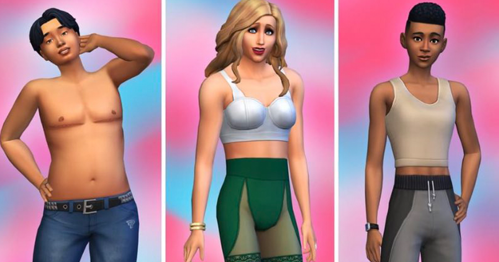 Three LGBTQ+ avatars from the Sims 4 with chest binders and mastectomy scars.