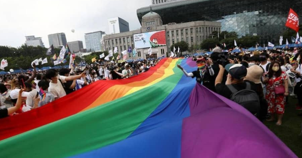 Rainbow Pride flag stretches down the streets in South Korea after landmark ruling for same-sex couples.