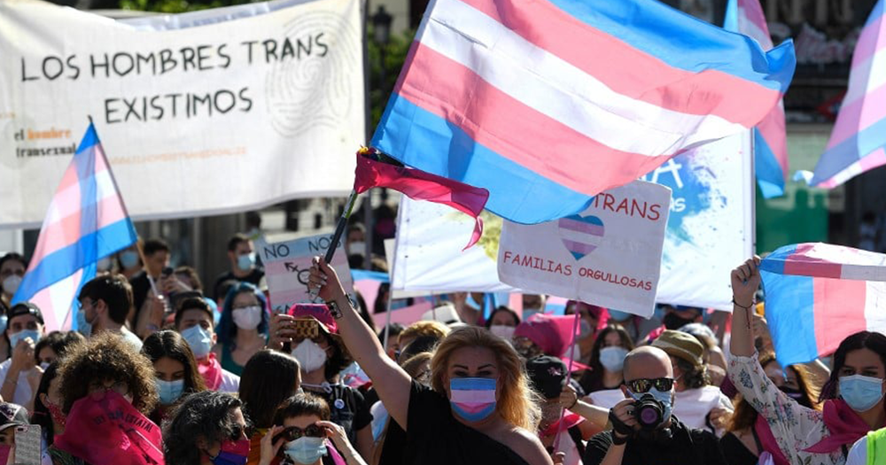 A crowd of protestors marching proudly with trans flags, after months of debate, Spain approved a law that allows trans people to change their gender on their ID card by completing a simple declaration form.