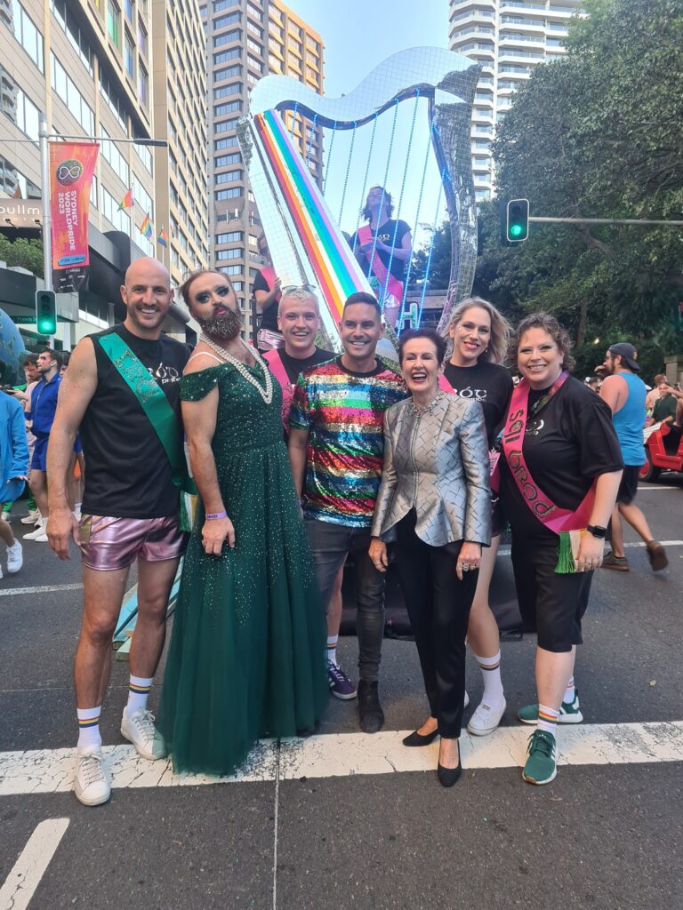 Sydney Queer Irish in front of their float at Mardi Gras 2023.