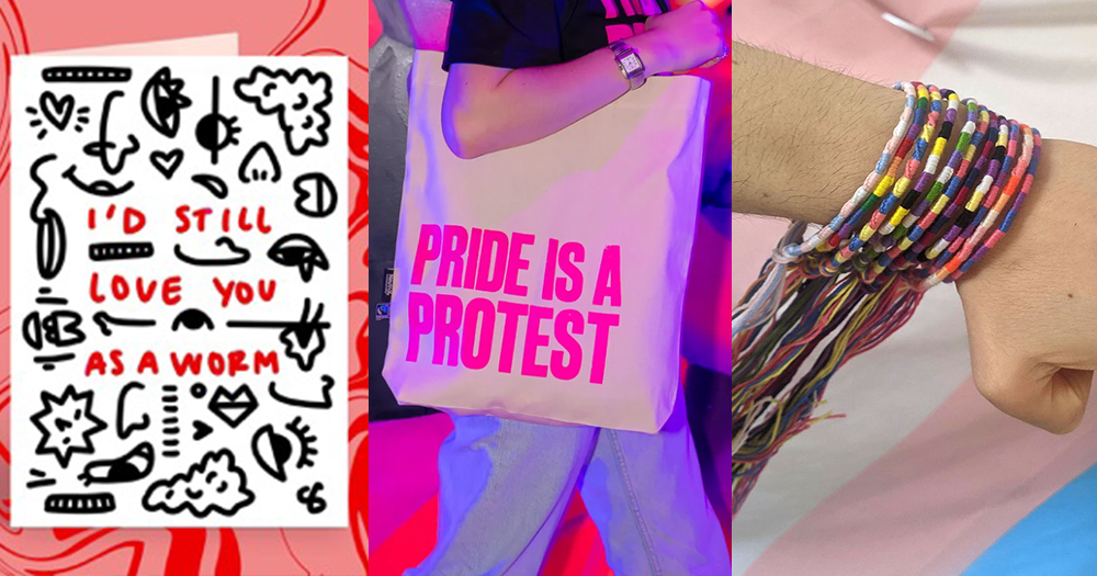 A split screen image featuring a Valentine's card, tote bag, and friendship bracelets.