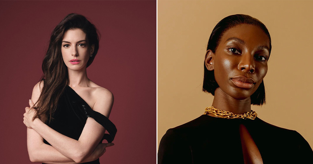 A split screen image of Anne Hathaway and Michaela Coel.