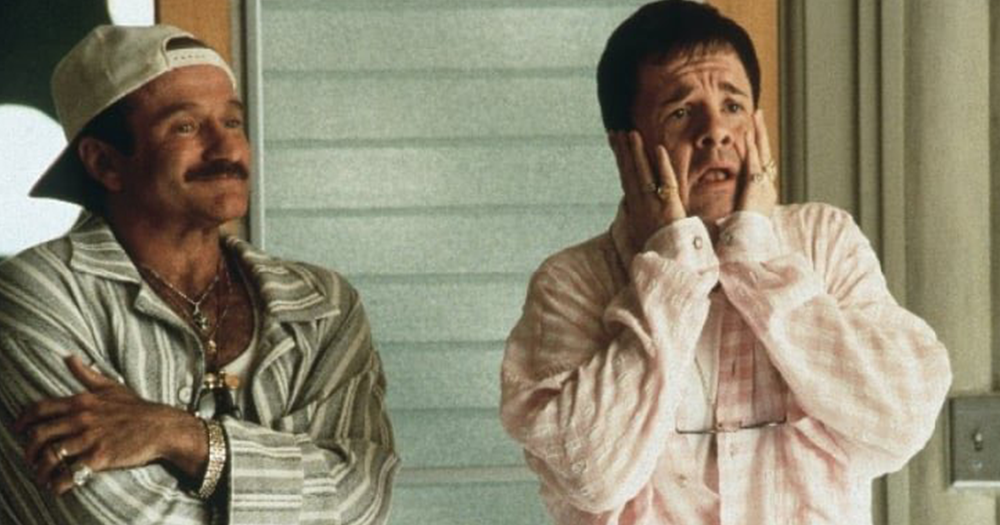 Actors Nathan Lane and Robin Williams stand side-by-side in The Birdcage film made in 1996.