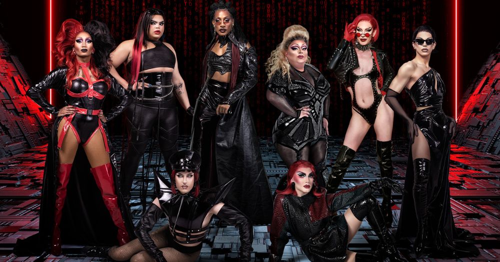 Photo of all the RuPaul’s Drag Race Werq The World 2023 Euro Tour stars on a black and red background