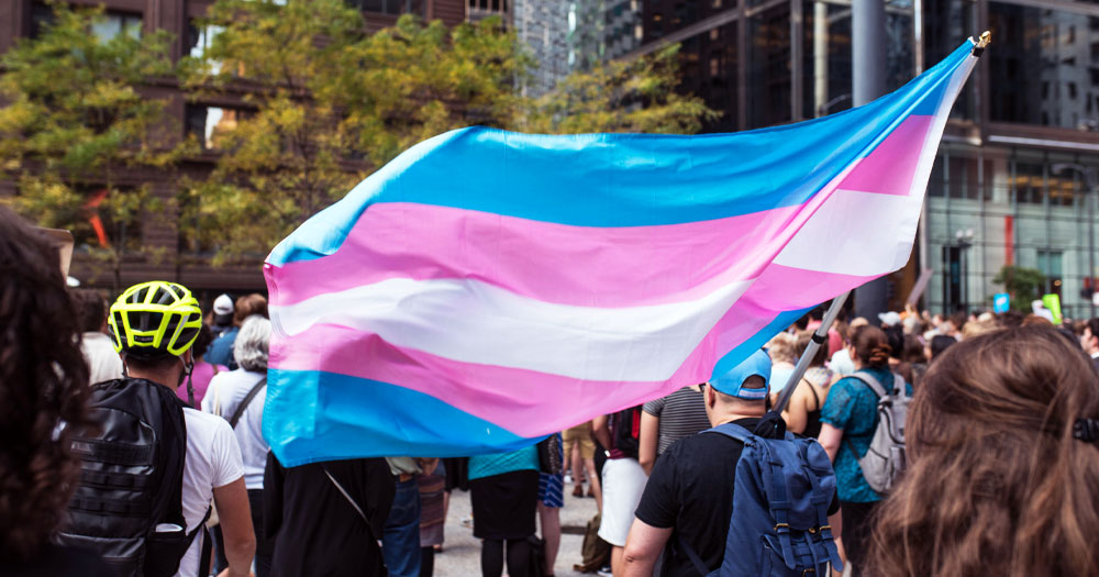 This article is about trans voices in Ireland. In the photo a trans flag waving on a crowd of protestors.