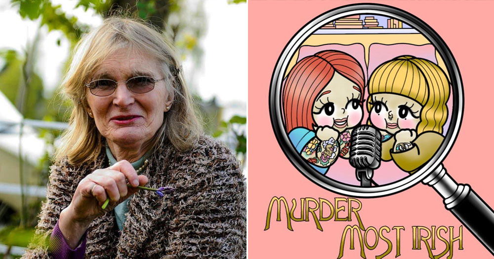 The image shows a split screen of Dr Lydia Foy and the logo for the Murder Most Irish podcast. The photo of Dr Foy on the left, shows her in an outdoor setting wearing a brown cardigan and tinted glasses. The logo on the right is a cartoon view through a magnifying glass of two women in front of a microphone.