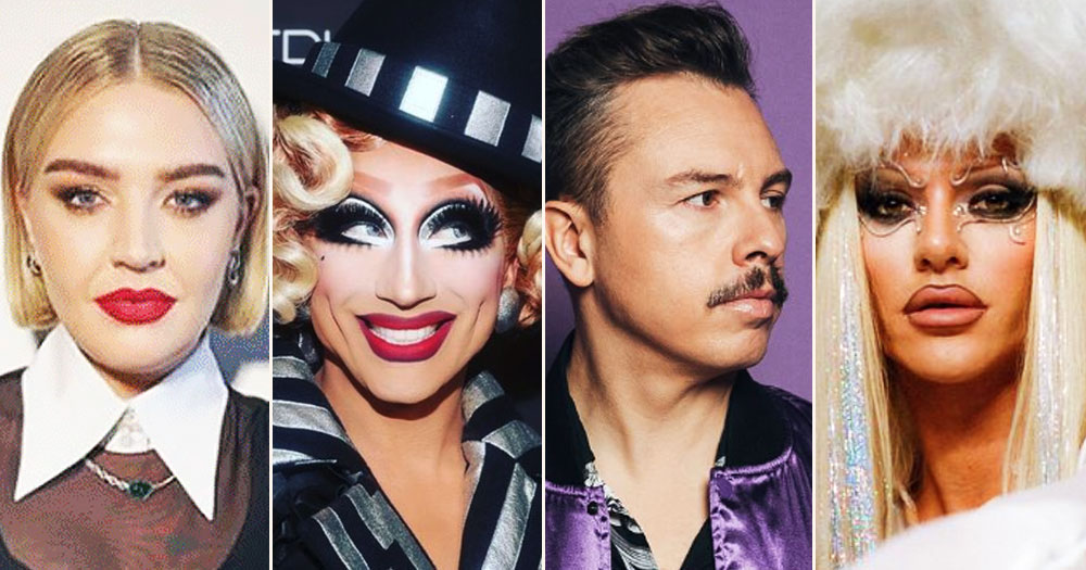 Four acts of Mother Pride Block Party 2023 in a split screen. From left to right in order: SelfEsteem, Bianca del Rio, Purple Disco Machine, and Bimini