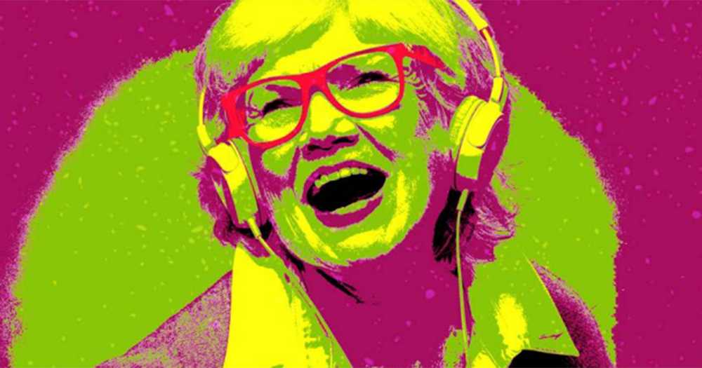 Bealtaine artistic promotional graphic of an older woman in glasses and headphones.