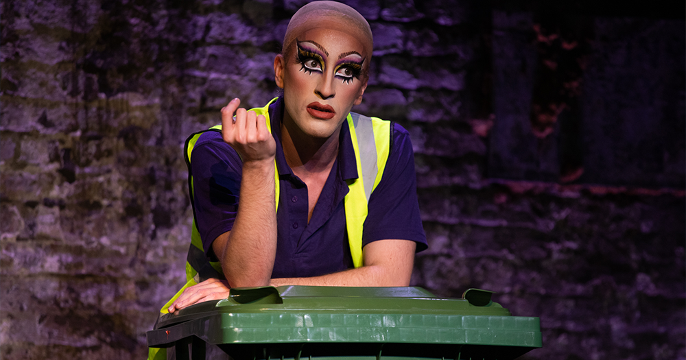 This image shows performer Joe Leather in their queer-friendly comedy, Wasteman.