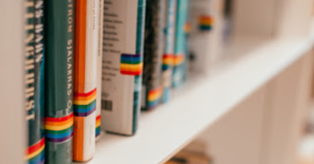 Books on a shelf with rainbow stickers on the binding, library staff have been advised to secure their buildings and alert gardaí if anti-LGBTQ protestors try to remove their LGBTQ+ books.
