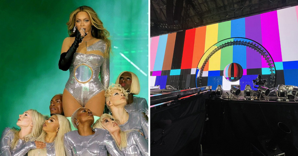 Left: Beyoncé and dancers on the Renaissance World Tour, Right: Pre-show progress Pride flag projection on stage.
