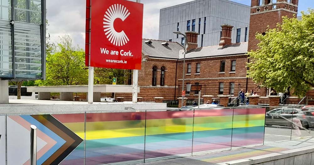Progress Pride flag displayed outside Cork building in honour of annual LGBTI+ Awareness Week.