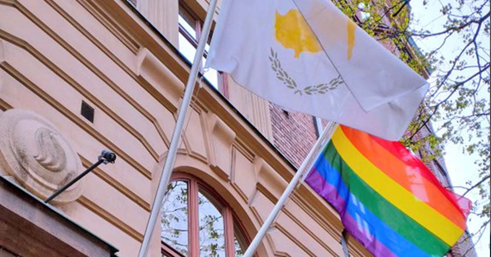 Cyprus flag and Pride flag displayed on a building representing the end of conversion therapy in Cyprus.
