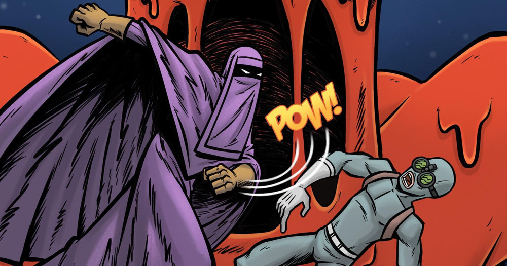 The graphic is taken from the cover of new sci-fi comic Time Wars: The adventures of Kobra Olympus. The image shows a person wearing a full burqa punching a robot like character.