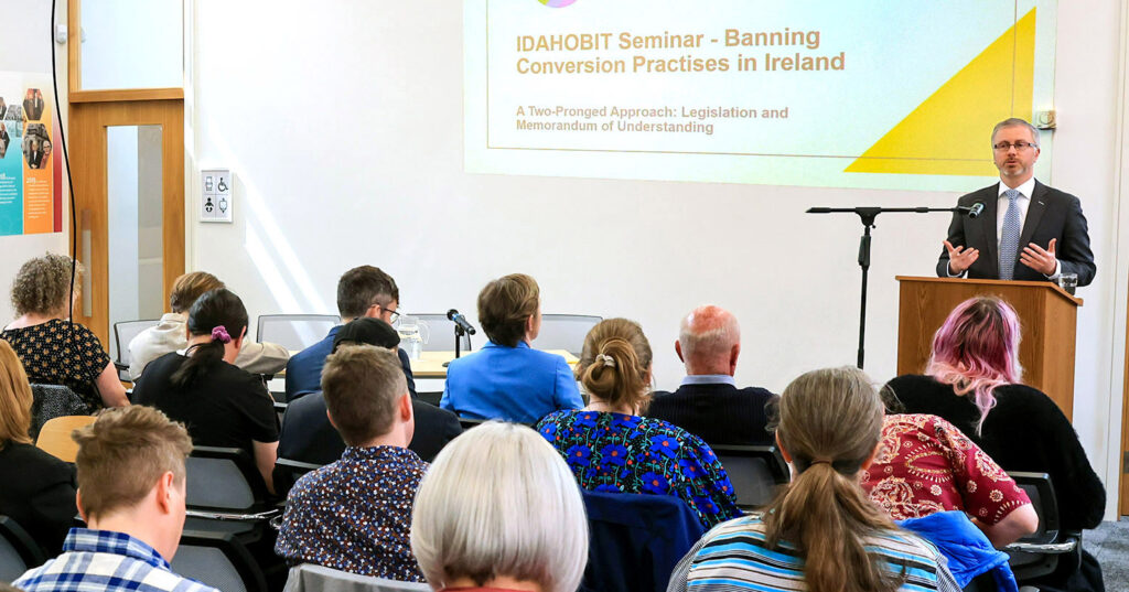 Minister Roderic O’Gorman addressing a seminar about conversion therapy.